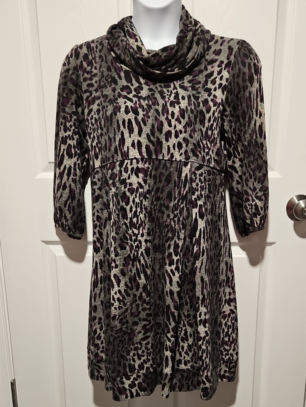 Cowl Neck Animal Print Tunic Dress in Black and Purple